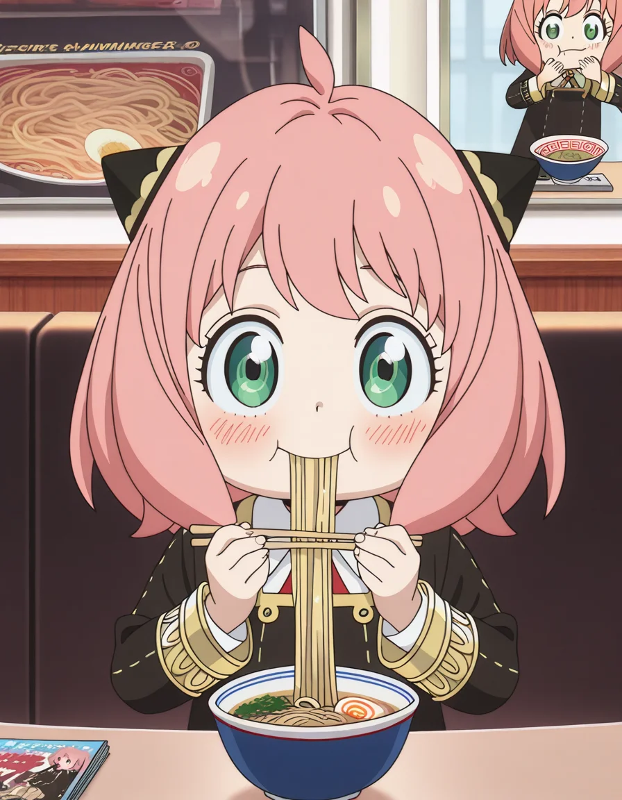 masterpiece, best quality, amazing quality,, <lora:anya-forger-s1-illustriousxl-lora-nochekaiser:1>, anya forger, bangs, green eyes, pink hair, ahoge, hair ornament, hairpods, child, female child, anime screencap, long sleeves, dress, school uniform, socks, black dress, eden academy school uniform,, music store, browsing records, headphones, vinyl collection, nostalgic, smile, ai drawing anime characters eating ramen (meme), ramen, noodles, meme, bowl, eating, restaurant, blush, cowboy shot, looking at viewer, solo,, cowboy shot, solo