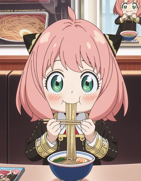 masterpiece, best quality, amazing quality,, <lora:anya-forger-s1-illustriousxl-lora-nochekaiser:1>, anya forger, bangs, green eyes, pink hair, ahoge, hair ornament, hairpods, child, female child, anime screencap, long sleeves, dress, school uniform, socks, black dress, eden academy school uniform,, music store, browsing records, headphones, vinyl collection, nostalgic, smile, ai drawing anime characters eating ramen (meme), ramen, noodles, meme, bowl, eating, restaurant, blush, cowboy shot, looking at viewer, solo,, cowboy shot, solo
