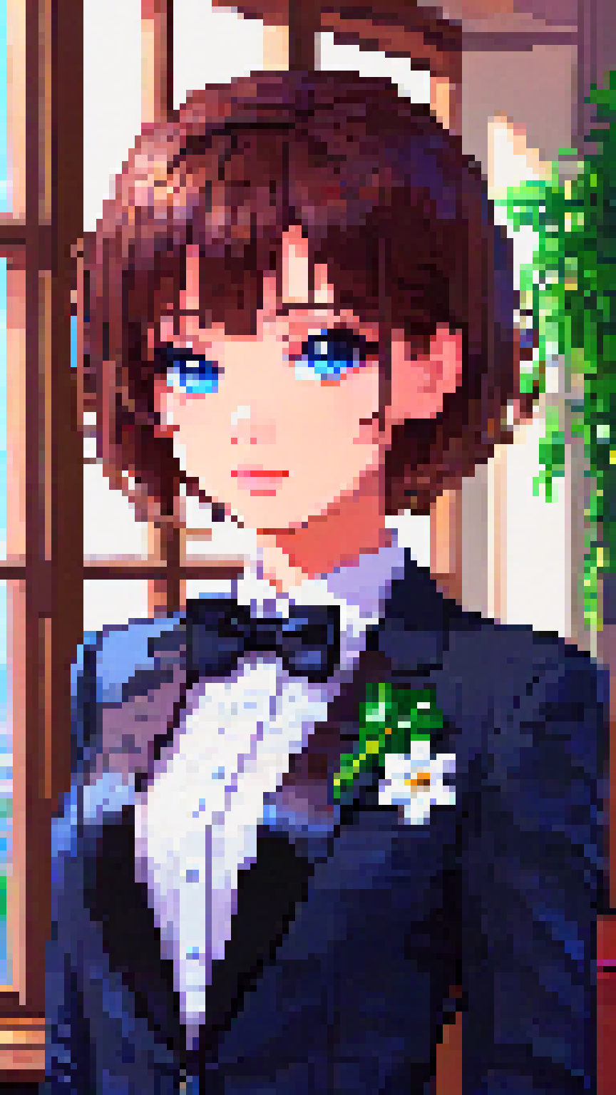 1girl, solo, bowtie, brown hair, blue eyes, bow, black bowtie, formal, black bow, short hair, suit, looking at viewer, upper body, shirt, indoors, white shirt, jacket, bangs, black jacket, closed mouth, window, tuxedo, traditional bowtie, flower, lips, name tag, realistic, photograph, pixel art