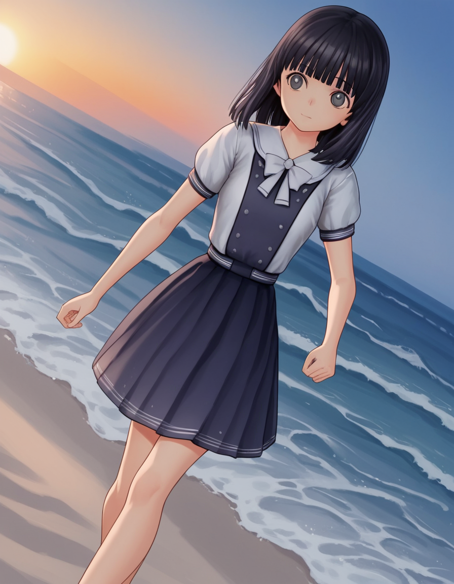 score_9, score_8_up, score_7_up, source_anime, <lora:rinze-himenogi-ingame-ponyxl-lora-nochekaiser:1>, rinze himenogi, bangs, black hair, blunt bangs, black eyes, 3d, skirt, dress, school uniform, short sleeves, puffy sleeves, black dress,, beach, sunset, walking along shore, footprints in sand, waves, peaceful, , , v,, solo,, dutch angle,