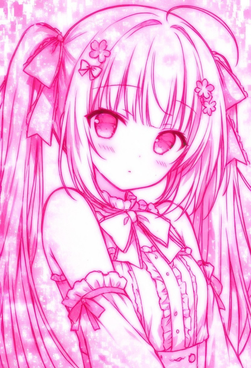 GLTST, Glitch, , 1girl, solo, twintails, pink theme, long hair, hair ornament, monochrome, bow, ribbon, looking at viewer, detached sleeves, ahoge, bangs, hair ribbon, upper body, frills, hair bow, bare shoulders, blush