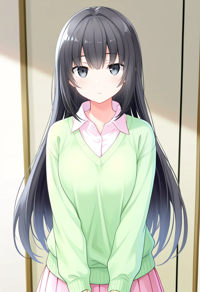 1girl, oregairumiagup, black hair, very long hair, black eyes, collared shirt, white shirt, green sweater, pink skirt, skirt under dress, pleated skirt, looking at viewer, cute, <lora:RumiHighSchool_ill_v2:1>, masterpiece, best quality, high quality, detailed, absurdres