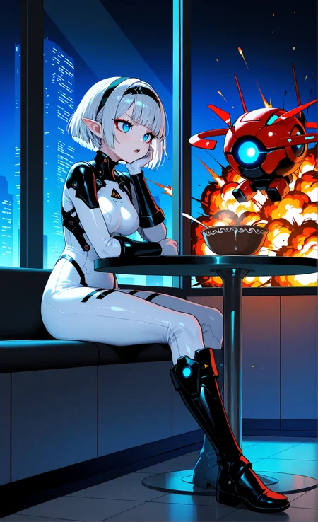 masterpiece, sharp detail, intricate detail, 1girl, pointy ears, detailed eyes, gradient blue eyes, long eyelashes, red eyeliner, short hair, silver hair, black hairband, medium breasts, blunt bangs, full body, white bodysuit, knee boots, armor, sitting, cafe, science fiction theme, indoors, bored, open mouth, soup on table, head rest, v-shaped eyebrows, floating red drones, glowing drones, non-humanoid robot, <lora:Improved Anime Drones:0.8> science fiction, gradient background, soft gradient, huge window, neon city background, explosion outside window,