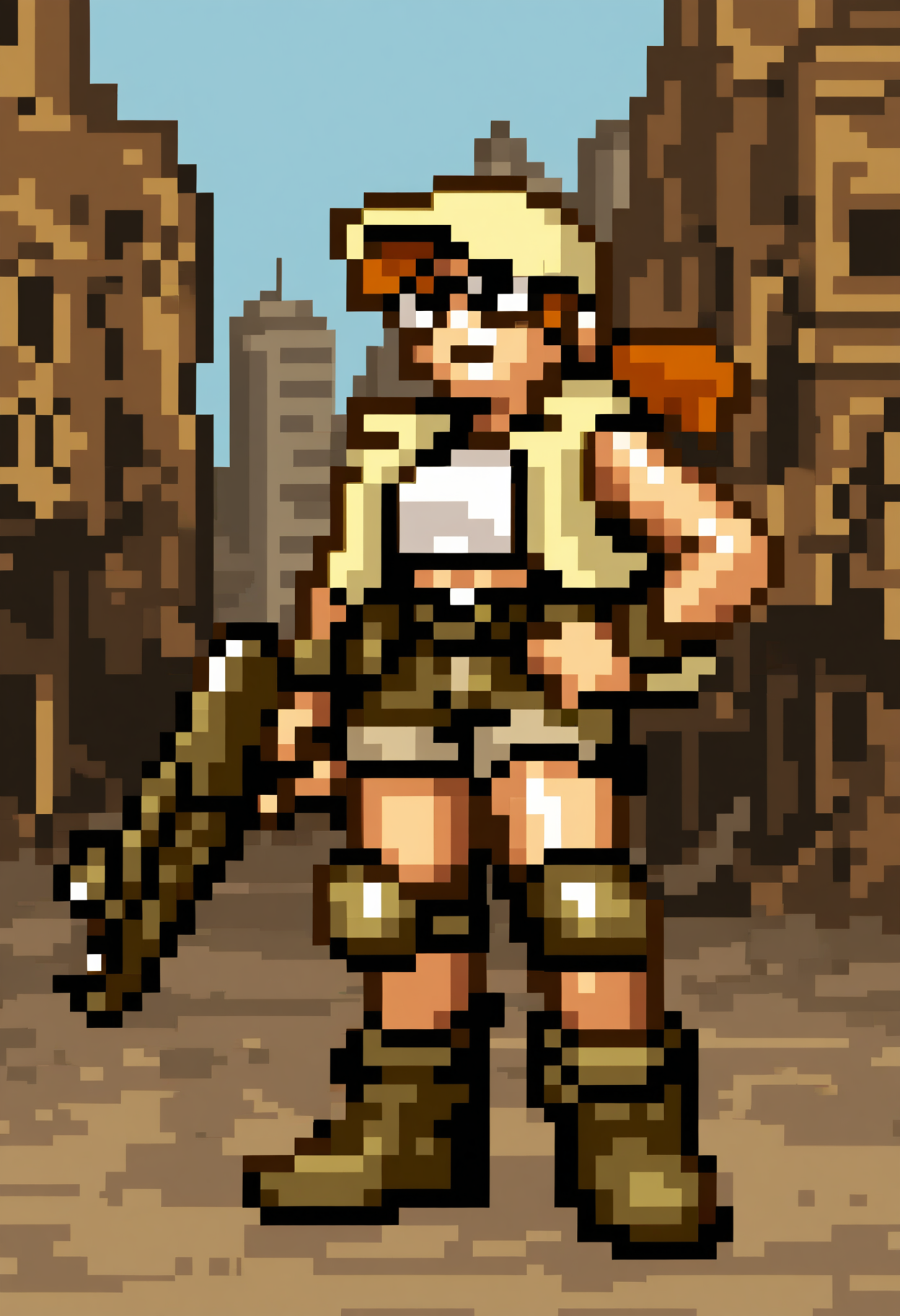 masterpiece, best quality, good quality, amazing quality, newest, general, highres, ultra-detailed, very aesthetic, best hands, 
hand on own hip, 
 <lora:Fio_dot_IL:0.8>
Fio_3dot, 1girl, solo, black eyes, ponytail, brown hair, (glasses:1.5), pixel art, pixelated,
yellow Baseball cap, yellow vest, crop top, belt, short shorts, wristband, knee pads, brown shorts, open vest, boots, holding shotgun, 
BREAK outdoors, destroyed city, abandoned,