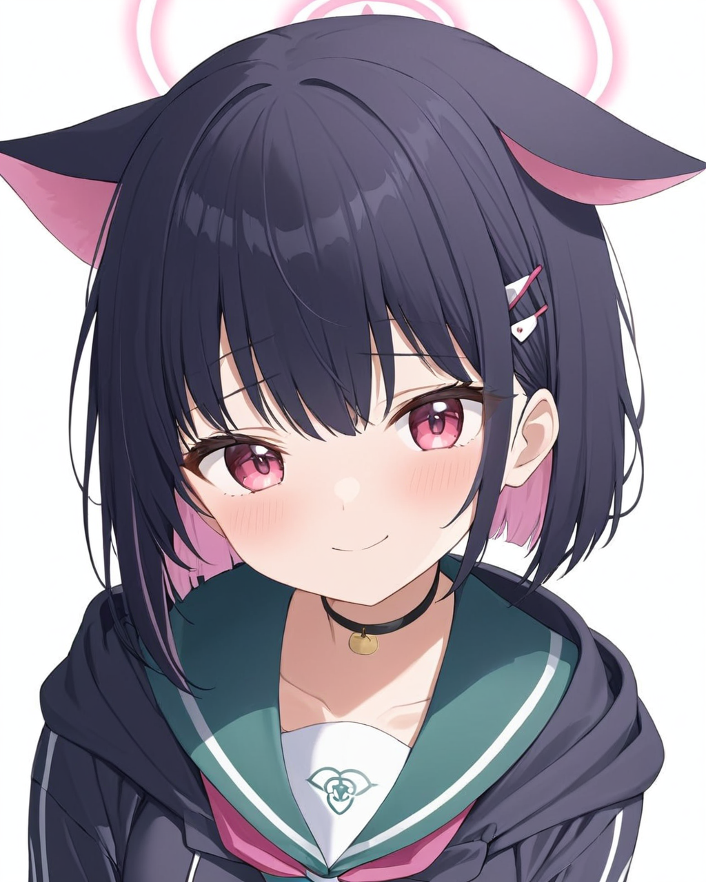 kazusa \(blue archive\),1girl, green_sailor_collar, smile, solo, white_background, upper_body, hairclip, halo, closed_mouth, looking_at_viewer, simple_background, hood_down, black_choker, neckerchief, smug, blush, school_uniform, hooded_jacket
<lora:kazusa_(blue_archive)_image2363_2023-11-28-000006:1>halo. gorgeous,key visual, vibrant, studio anime,award-winning, professional, highly detailed,high budget, cinemascope