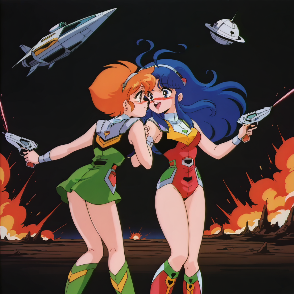 HDA_MasterpieceXL_v1.2, outdoors, another planet, space ship, 2girls, <lora:Lan__Kanata_-_Cream_Lemon_Star_Trap:1> STARTRAPLANIL, retro artstyle, blue hair, long hair, hairband, brown eyes, red knee boots, red leotard, no skirt, science fiction suit,  breasts, kissing, yuri, blushing, duo with STARKANATAIL, retro artstyle, orange hair, short hair, blue eyes, green knee boots, hairband, sleeveless top, green skirt, short skirt, skirt with armor plate, science fiction suit, medium breasts, smiling, holding guns, shooting, laughing, explosions, back to back, facing opposite directions