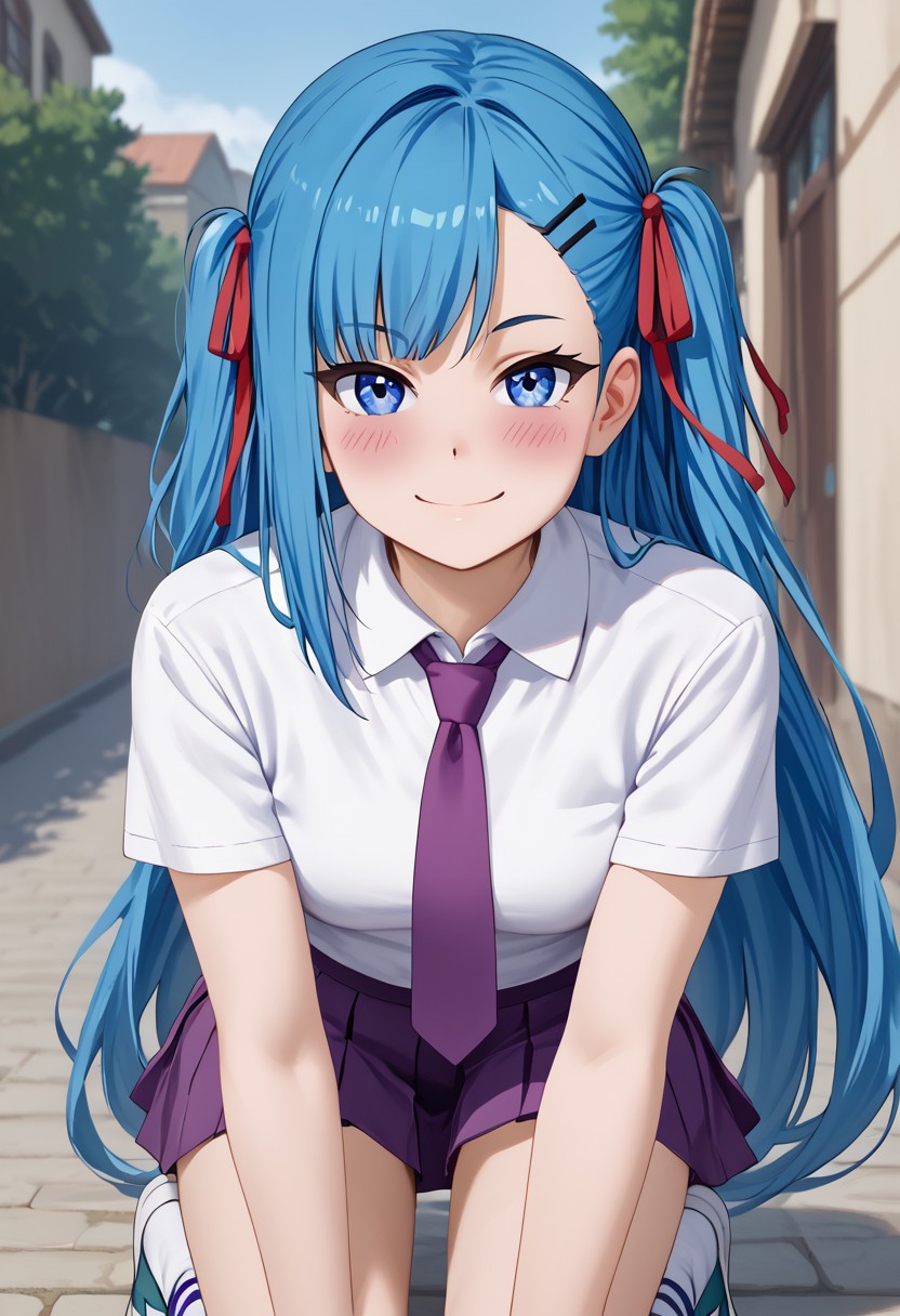 score_4,score_5,score_6,score_7_up,score_8_up,score_9 ((masterpiece,best quality,ultra detailed,highres,HD,4k:1.2)), 
((upper body)),outdoor,
1girl,solo,gir focu,solo focus,face focus,
blue hair, very long hair, hair ribbon, red ribbon, asymmetrical bangs, dark blue eyes, 
white shirt, purple tie, purple pleated skirt, knee-high socks, shoes,zettai ryouiki,
looking at viewer,blush,smile,