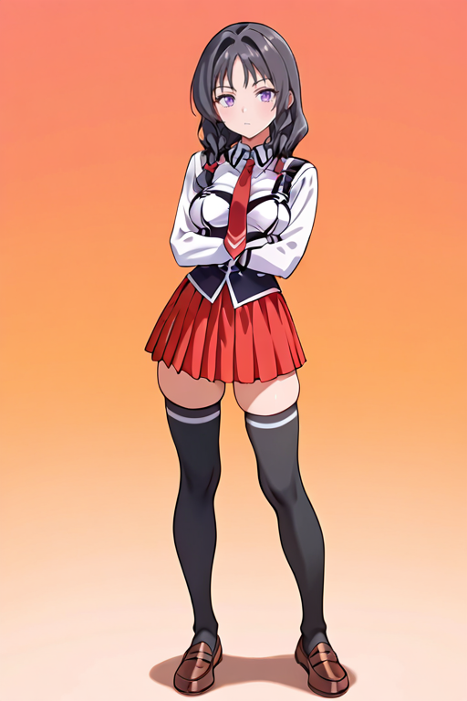 masterpiece, High quality, Ultra detailed, 2d, newest, absurdres, highres, BREAK
1girl, solo, <lora:saki_kiriya:0.8>, saki_kiriya, long hair, twin braids, braid, black hair, purple eyes,  
medium breasts, sakidef, long sleeves, school uniform, white shirt, red necktie, pleated skirt, red skirt, black thighhighs, zettai ryouiki, skindentation, loafers, brown footwear, 
crossed arms, looking at viewer, full body, standing,
