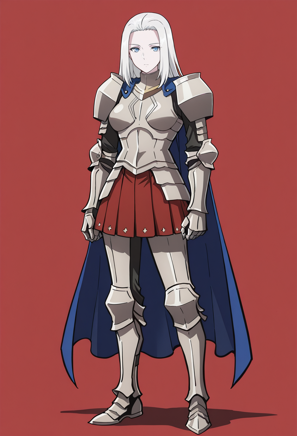 masterpiece, best quality,
1girl, solo, full body, 
standing,
looking at viewer, expressionless, 
simple background, red background,
 <lora:Scama_Elbero:1> Sc4m43lb3r0, blue eyes, long hair, white hair, 
armor, cape, blue cape, breastplate, skirt, gauntlets, red skirt, shoulder armor, pleated skirt,