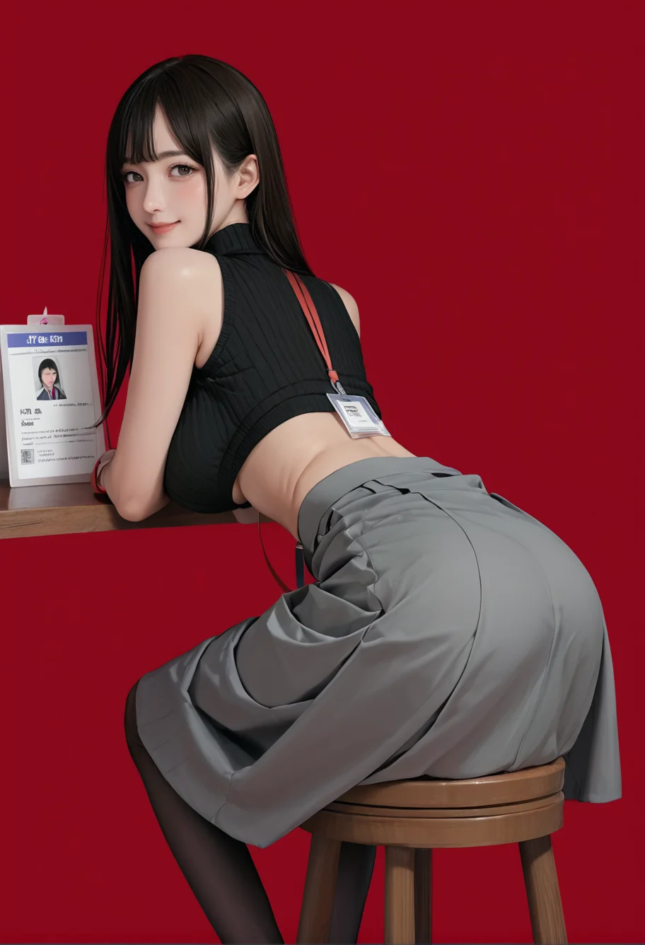 1girl,solo,red background,,ruanyi0897,black thighhighs,garter straps,turtleneck,id card,lanyard,grey skirt,crop top,black sleeveless sweater,long skirt,on stool,
from behind,bent over,ass,looking at viewer,<lora:0897 Home wear 3_v1_pony:1>, score_9, score_8_up, score_7_up, score_6_up, score_9, score_8_up, score_7_up, score_6_up source_anime, blush, 1girl, seduce smile, perfect body , natural huge breasts