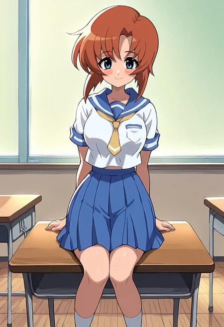 score_9, score_8_up, score_7_up,anime coloring , anime screencap, classroom, source_anime,1girl, solo, rena ryuuguu, orange hair, bob cut, short hair, blue eyes, medium breasts, thick thighs, height 143 cm,Serafuku, yellow neckerchief, school uniform, blue plastered skirt, short sleeves, white shirt, breasts , blush, sitting, on table, smile, kawaii,cute, perfect anatomy, white socks, looking at viewer