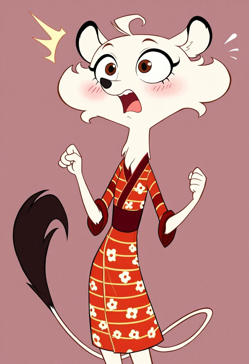 (score_9, score_8, score_7),masterwork, masterpiece, best quality, Hermione01, cream-colored fur, fluffy ears, black ear tips, big round eyes, brown eyes, long curled eyelashes, pink blush, small black nose, short muzzle, curled hair tuft, red and yellow flower-patterned dress, striped kimono top, long thin tail with dark tip, slim body, open mouth, shocked, shock eyes
