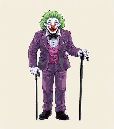 masterpiece, best quality, amazing quality, <lora:Style_v1_buns:1> 5tyl3v1, solo, simple background, no humans, full body, Joker outfit, classic purple suit, green hair, unsettling clown makeup, cane, 1boy, masterpiece, best quality, amazing quality