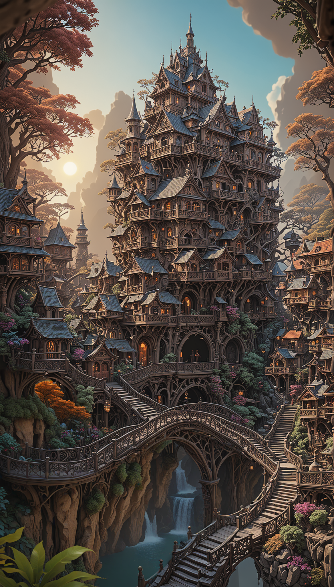 a wonderous and beautiful fantasy world with the Tree House Mansion Village, Multiple Bridges, sun, in the day, insanely detailed and intricate, hyper maximalist, elegant, hyper realistic, super detailed, vivid colours, sunrise, ornate, dynamic, articulate, 8K, <lora:3D_Framed_Wall_Art_-_By_DICE:0.6>, (Framed 3D, 3d Tree), EPIC,  Painstaking Attention To Detail, UHD