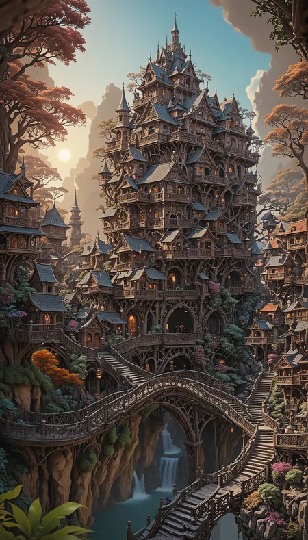 a wonderous and beautiful fantasy world with the Tree House Mansion Village, Multiple Bridges, sun, in the day, insanely detailed and intricate, hyper maximalist, elegant, hyper realistic, super detailed, vivid colours, sunrise, ornate, dynamic, articulate, 8K, <lora:3D_Framed_Wall_Art_-_By_DICE:0.6>, (Framed 3D, 3d Tree), EPIC, Painstaking Attention To Detail, UHD