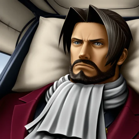Miles Edgeworth, 1boy, male focus, grey eyes, serious expression, scarf, miles edgeworth, beard, dark hair, realism, elegant, turned head, in plane, laying, pillow