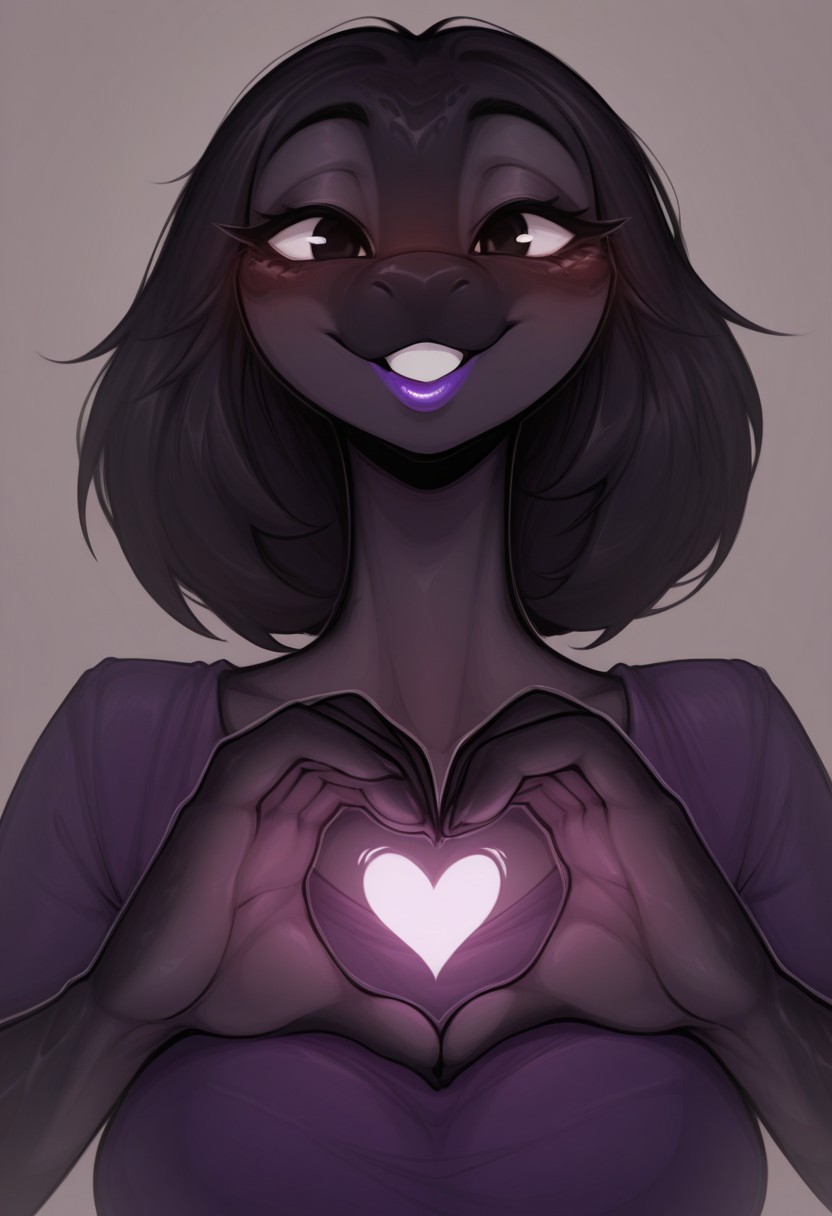 onm11, 1girl, solo, medium build, medium hair, sfw, safe for work, covered skin, flowy dress,  black eyes, purple lipgloss, smiling, portrait, upper body, heart hands, foreshortening, detailed, newest, furry female, furry, anthro