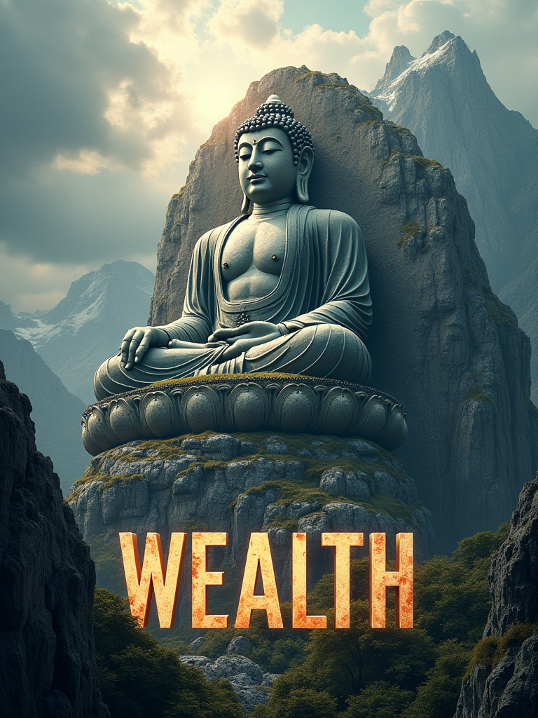 Revised Poster Design Concept: Mountain-Carved Buddha Amidst Majestic Peaks
Overall Style:

Monumental Presence: The poster will showcase a colossal Buddha intricately carved from the mountainside, evoking a sense of awe and reverence.  The theme will center on the passage of time and the enduring power of spirituality.

Mountain-Carved Buddha Design:

Massive Scale: The Buddha will be depicted as an enormous, weathered statue, seamlessly integrated into the mountain itself, showcasing intricate details that highlight both the craftsmanship and the natural rock formation.

Aging Texture: The surface will exhibit signs of erosion and moss, reflecting centuries of weathering and symbolizing the wisdom gained through time.

Background Design:

Majestic Peaks: The Buddha will be surrounded by towering mountains, with the rugged terrain enhancing the grandeur of the scene.

Dramatic Sky: A moody sky filled with swirling clouds and rays of light breaking through will add to the dramatic effect, creating a sense of divine presence.

Light and Shadow Effects:

Powerful Highlights: Strong, directional lighting will illuminate the Buddha’s features, casting deep shadows that emphasize its monumental size and presence.

Atmospheric Depth: The interplay of light and shadow will create a mystical atmosphere, enhancing the feeling of ancient wisdom and timelessness.

Text:

Phrase: Prominently display the word: "Wealth" in a bold, powerful font that resembles ancient inscriptions or stone carvings.

Font Style: Use a rugged, textured font in a deep earth tone, perhaps with a slight glow or shadow to make it stand out against the dramatic background.

Additional Elements:

Ancient Symbols: Incorporate subtle motifs or symbols around the base of the Buddha, such as lotus flowers or ancient scripts, to enhance the spiritual significance.

Nature Elements: Add elements like creeping vines or weathered stones at the base, emphasizing the connection between the Buddha and the enduring natural world.

Overall Effect:
This poster will convey a sense of monumental power and ancient wisdom through the depiction of a colossal mountain-carved Buddha.  The emphasis on the word "Wealth" will resonate with themes of abundance and spiritual richness, creating a visually striking and thought-provoking experience that invites viewers to reflect on the passage of time and the strength of faith.