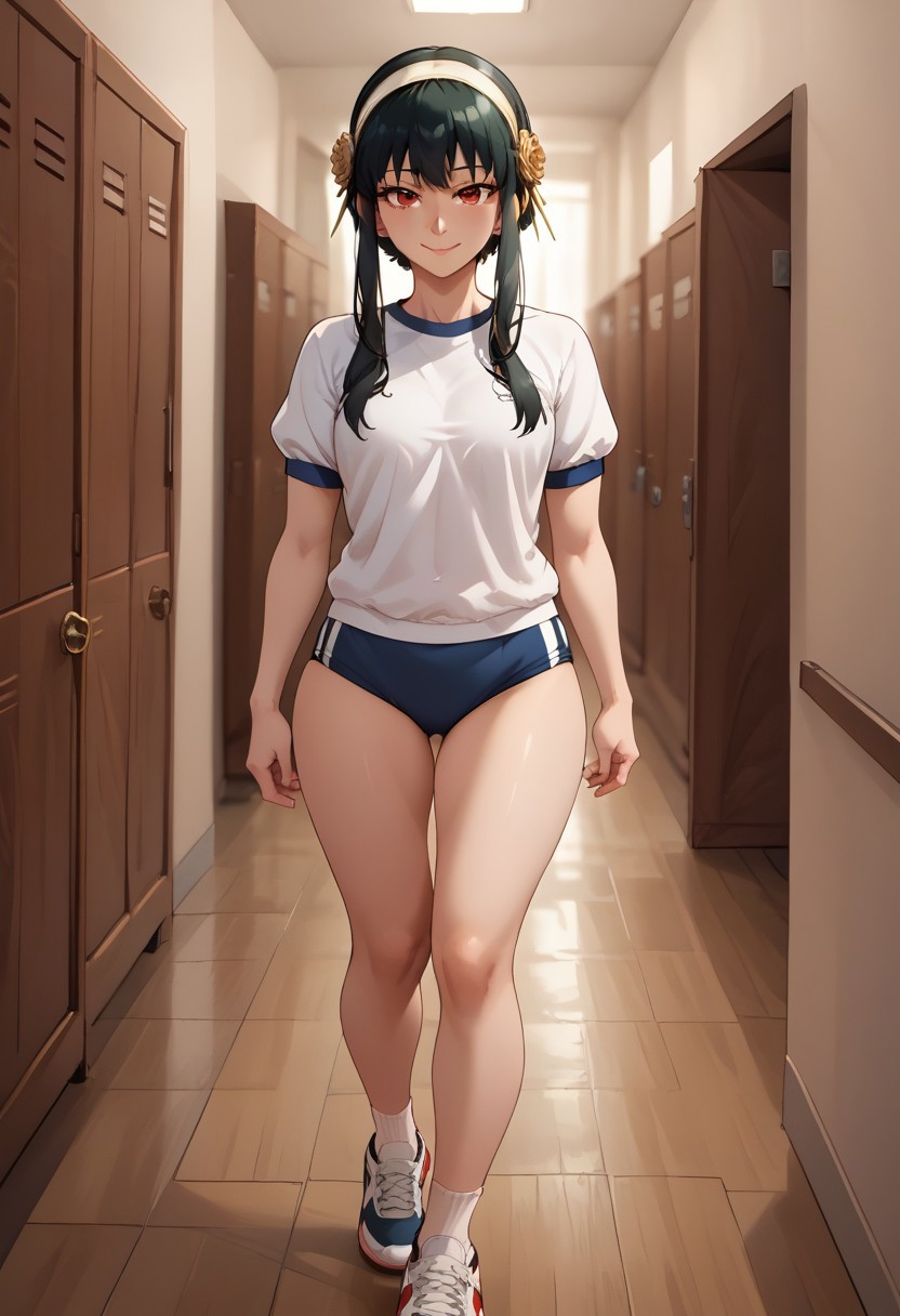 score_9, score_8, BREAK, solo, yor briar, black hair, red eyes, sidelocks, hairband, short hair with long locks, white hairband, sexy pose, smile, source_anime, dynamic pose, seductive pose, seductive smile, gym uniform, buruma, BurumaShorts, solo, looking at viewer, indoors, hallway, lockers full length, facing viewer,