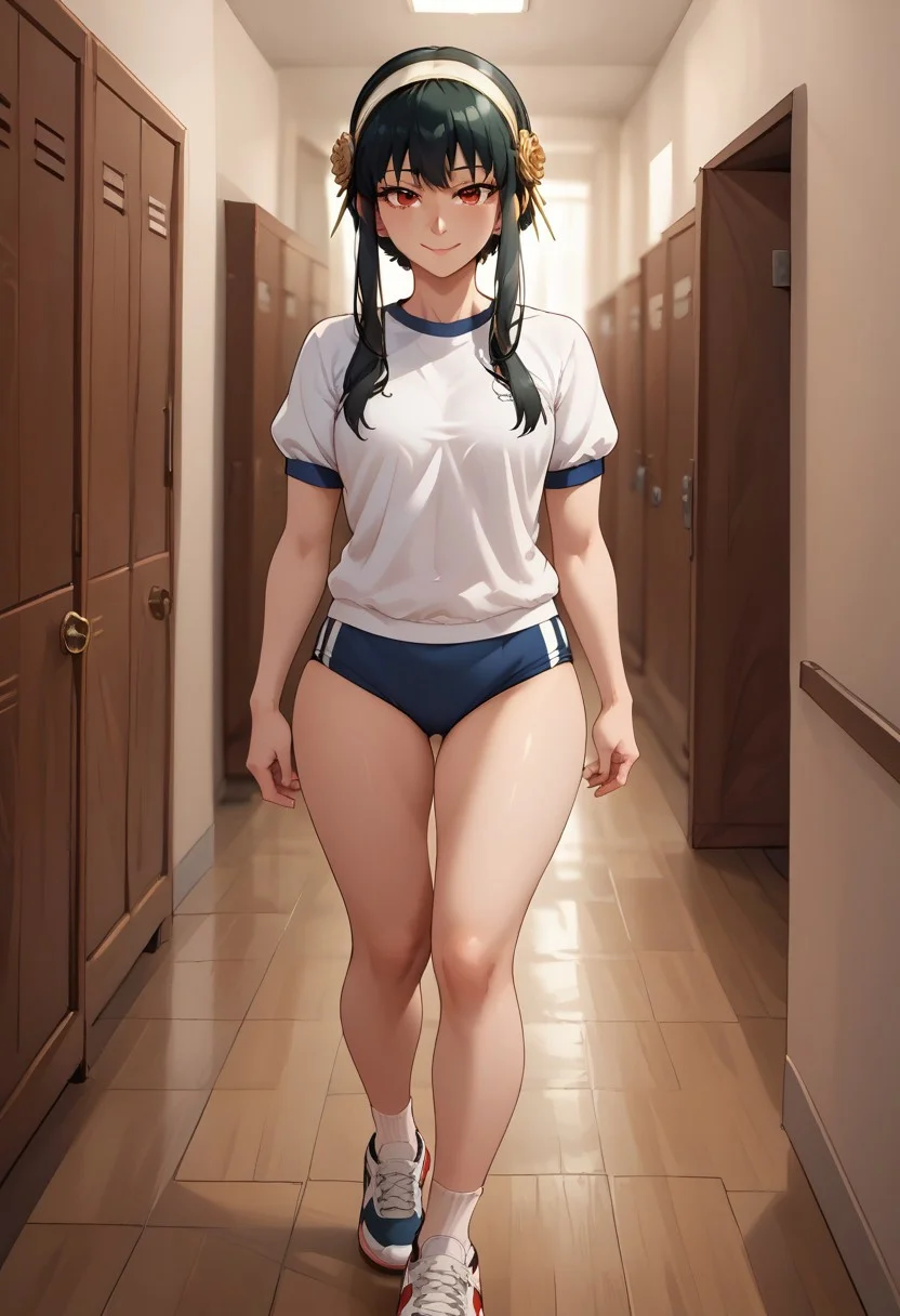 score_9, score_8, BREAK, solo, yor briar, black hair, red eyes, sidelocks, hairband, short hair with long locks, white hairband, sexy pose, smile, source_anime, dynamic pose, seductive pose, seductive smile, gym uniform, buruma, BurumaShorts, solo, looking at viewer, indoors, hallway, lockers full length, facing viewer,