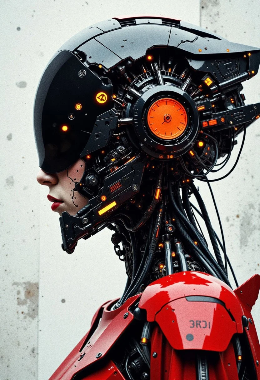 oriental cyberpunk cyborg woman, detailed helmet, dutch angle, dynamic, side view