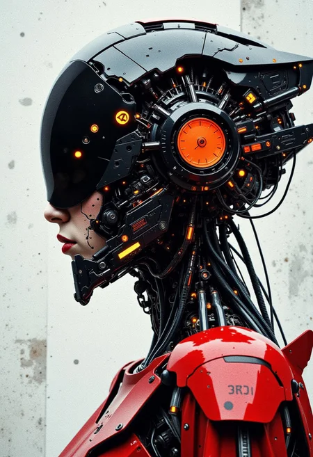oriental cyberpunk cyborg woman, detailed helmet, dutch angle, dynamic, side view