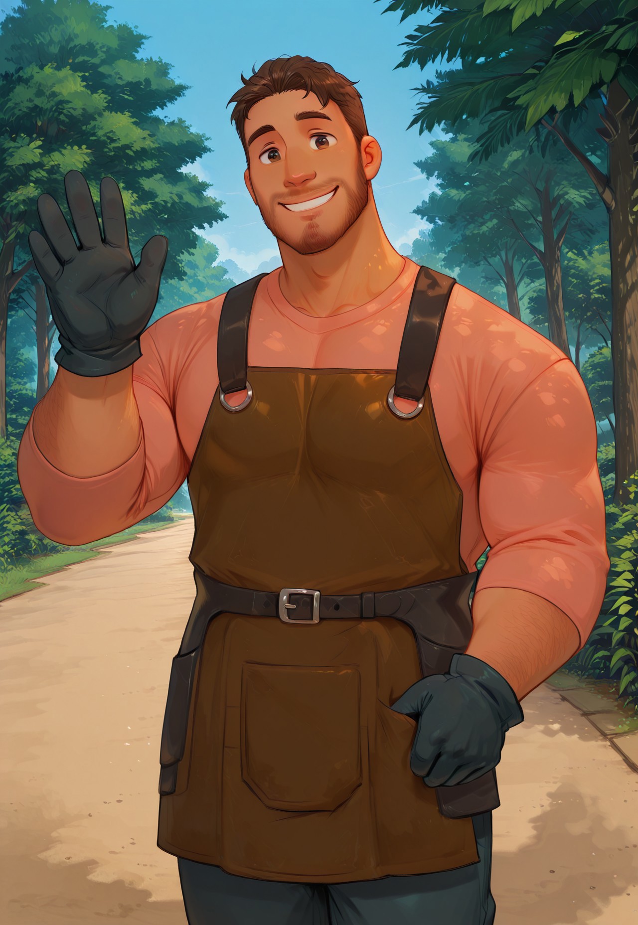 safe_pos, high quality, high detail, best quality,

1boy, solo, male focus, bara,

RafaelCI, dark skin, dark-skinned male, brown hair, shirt hair, brown eyes, stubble, facial hair, mature male, muscular, muscular male, plump, hairy, body hair, RafaelSpring, brown apron, pink shirt, black gloves, dark grey pants, smile, waving, looking at viewer, outdoors, trees, <3