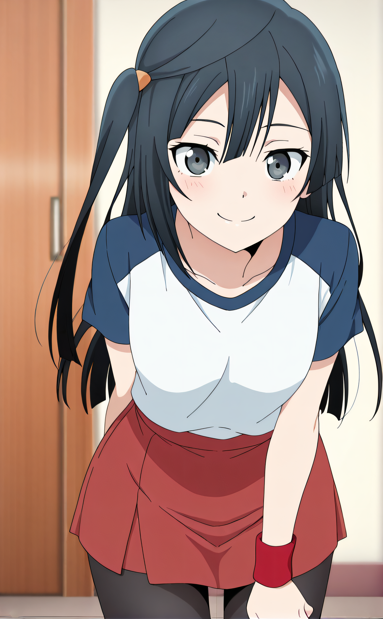 masterpiece, best quality, highres, newest, 1girl, solo, official style, anime screencap, <lora:Yuuki_Setsuna:1>, setsuna, black hair, one side up, long hair, dark eyes, white shirt, blue sleeves, short sleeves, red wristband, red miniskirt, black pantyhose, looking at viewer, smile, indoor, cowboy shot