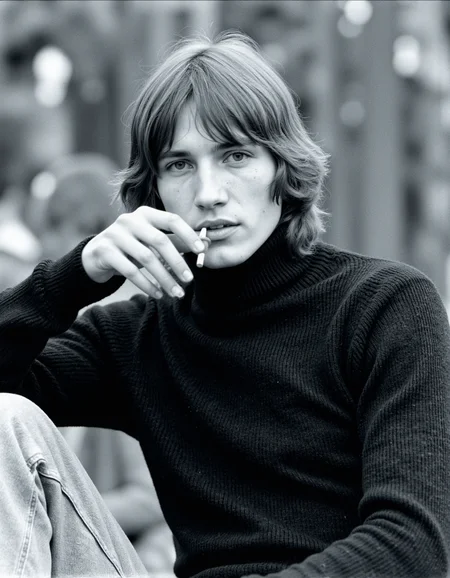 <lora:rogerwaters:1>, This black-and-white photograph captures a young man with shoulder-length, wavy hair sitting outdoors. He is positioned slightly to the left of the frame, looking directly at the camera with a contemplative expression. He holds a lit cigarette in his right hand, which is partially obscured by his hand and arm resting on his lap. The man is dressed in a high-necked, dark-colored sweater that appears to be made of a thick, textured fabric, suggesting warmth. His attire also includes light-colored pants or possibly a light jacket, which are visible at the bottom of the image. The background is slightly blurred, indicating an outdoor setting with indistinct, out-of-focus objects, possibly trees or other people. The texture of the photograph is grainy, typical of older film photography, which adds to the nostalgic and candid feel of the image. The overall mood is introspective and relaxed, with the man's pose and expression conveying a sense of calm and thoughtfulness. The photograph captures a moment in time, frozen in a timeless, monochromatic style that emphasizes the subject's facial features and demeanor.