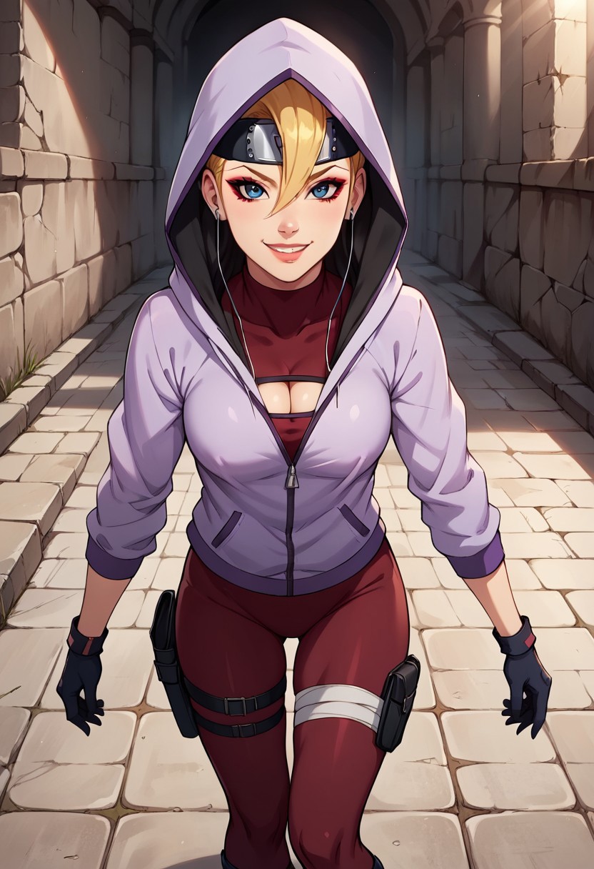 YodoBNNG, 1girl, solo, fair-skinned girl, blonde hair, long hair, unruly hair, hair between eyes, hair over one eye, large bang, forehead protector, dark blue eyes, lips, large breast, cleavage cutout, clothing cutout, hood, hoodie, jacket, half-unzipped hooded light purple jacket, dark red full-body suit, black gloves,  sandals, toeless footwear, earbuds, bandages around her ankles, bandages right thigh, makeup, thigh pouch,   
seductive pose, sexy pose, tease,  in the spotlight,,
smile,ruins,leaning forward,hanging breasts,,
score_9, score_8_up, score_7_up, beautiful aesthetic, very intricate, high quality details,vibrant, highly detailed, award-winning, professional,anime artwork, anime style, studio anime, athletic, curvy body, athletic girl, perky tits,large breast,perfect tits, round breasts, nipple outline,looking at viewer, pinup pose,teasing, dynamic lighting, cinematic, smug, better than you, aura of temptation, highly detailed, high resolution, masterpiece, detailed clothes, detailed background, highly detailed, ((sound effects)) comic layout,