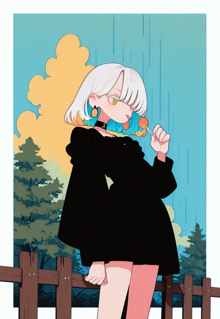 masterpiece, best quality, good quality, very aesthetic, absurdres, newest, 8K,
from side (storm), very strong wind, very windy, cloudy,
BREAK
side portrait of stunning girl standing, bangs, white hair, multicolored hair, bobcut hair, choker, hair over one eye,
small breasts,
earrings, ear pierces, ultra detailed decorative victorian gossamer clothes, very short tight black maid dress, maid apron,
simple pastel gradient blue background with extremely thick white border,
half closed eyes, unfocused eyes, white thick eyelashes, white long eyelashes, pastel cyan eyes,
subtle fangs peeking out from slightly parted lips, tongue loosely hanging out, distant gaze,
emotionless look, looking away,
(holding a lollipop with right hand, licking a lollipop),
ultra-realistic, flatline, flat vector illustration, fl4t,
rain, heavy-rain,
modern fence in background, clouds, trees in background, colorful, scenery,
lk149,