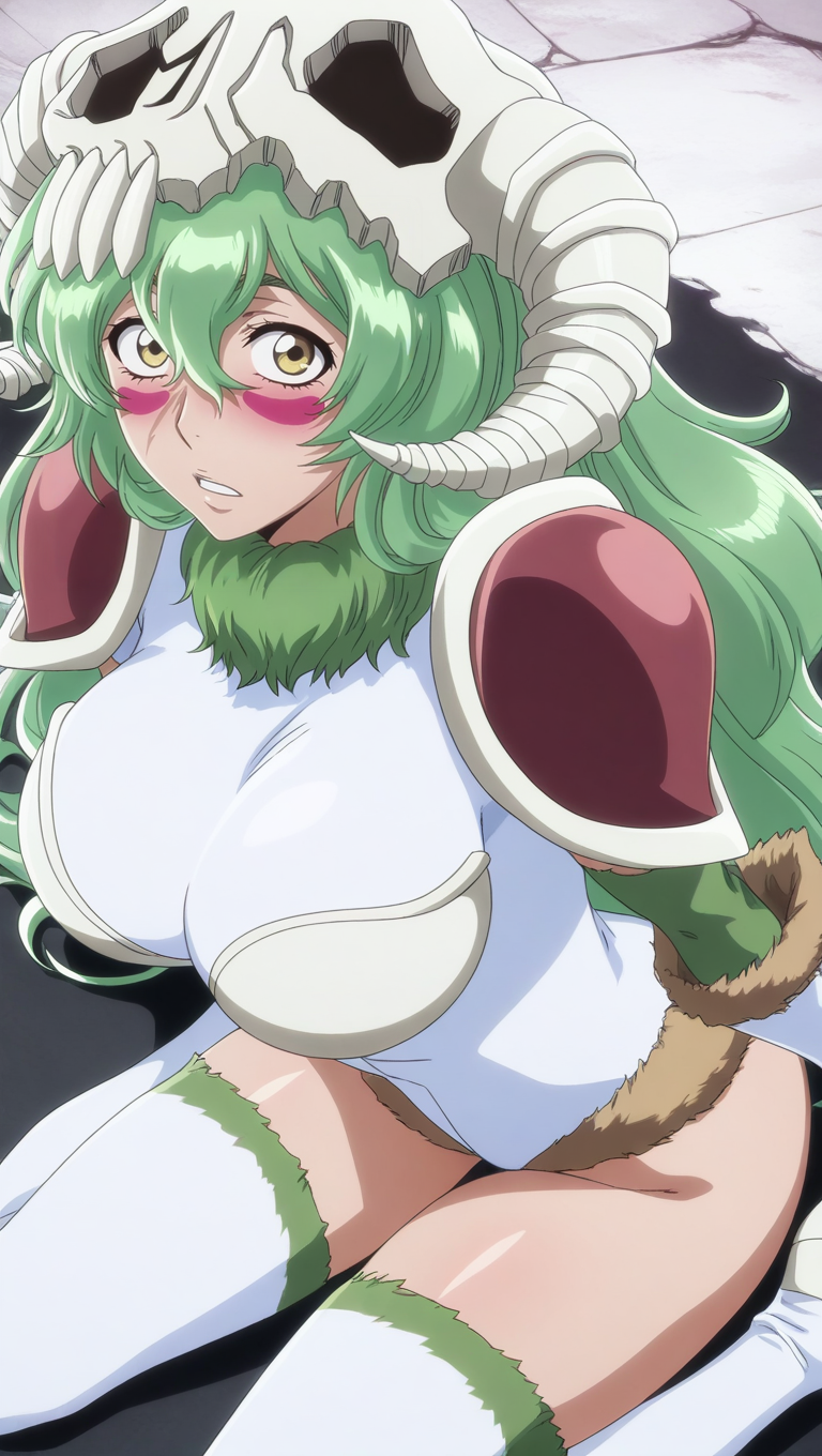 source_anime, masterpiece, best quality, amazing quality, anime screencap, high quality, 8k, absurdres, official style, 1girl, solo, looking at viewer, wariza, surprised, blush, <lora:Nelliel_TYBW_iL:1>, n3ll13l tybw, yellow eyes, long hair, green hair, facial mark, hair between eyes, cour 3 uniform, skull, leotard, white leotard, fur trim, armor, shoulder armor, breasts, large breasts, thigh boots, thighhighs, white thighhighs, horn heels,