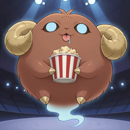 masterpiece,best quality,amazing quality, absurdes, highres,<lora:Scapeghost-000009:1>  Scapeghost,  ((solo)), no humans, stadium background, stage, concrete, spotlight,  detailed background,  (creature), blank eyes, simple background, sheep horns, (((brown creature))),  fluffy, ghost, ghost tail,  ((only two limbs)), dumb face, tongue lolling out, mouth open, drool, happy eyes,
<lora:Capsule_Monsters_Illustrious_X1_SD8:0.8>  <lora:ShadyFox_Style_Illustrious:0.6>, (yu-gi-oh, yu-gi-oh art style, Takahiro Kagami style), ((holding bucket of popcorn))