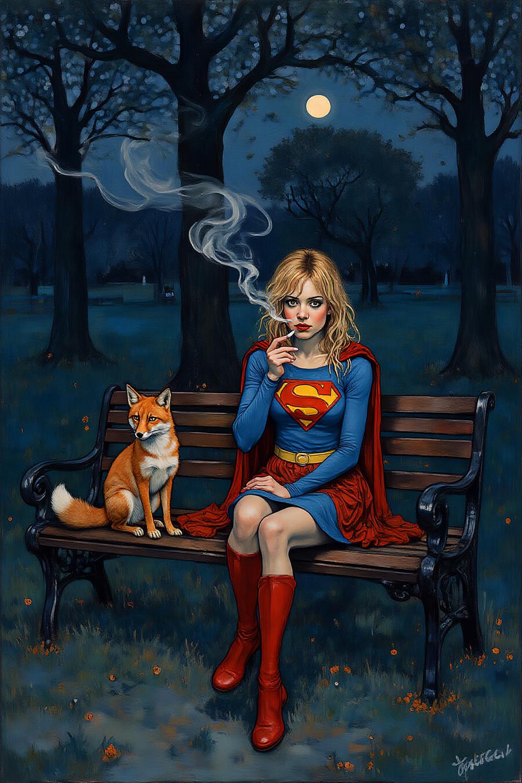 kaoruyamada1 painting.
A woman dressed as Supergirl, sitting on a park bench at night. She is smoking. There is a fox sitting beside her. <lora:kaoruyamada1_f16e9:1.0><lora:868883343222022830:0>