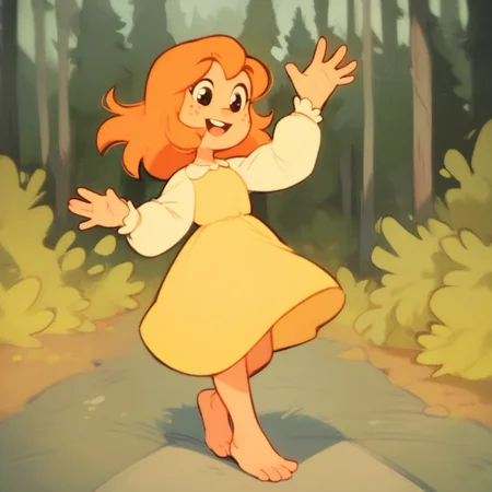 score_9, score_8_up, score_7_up, orange hair, freckles, Dress, Yellow dress, Long-sleeve, barefoot, standing, waving, smile, happy expression, outdoors, forest, front view, POV