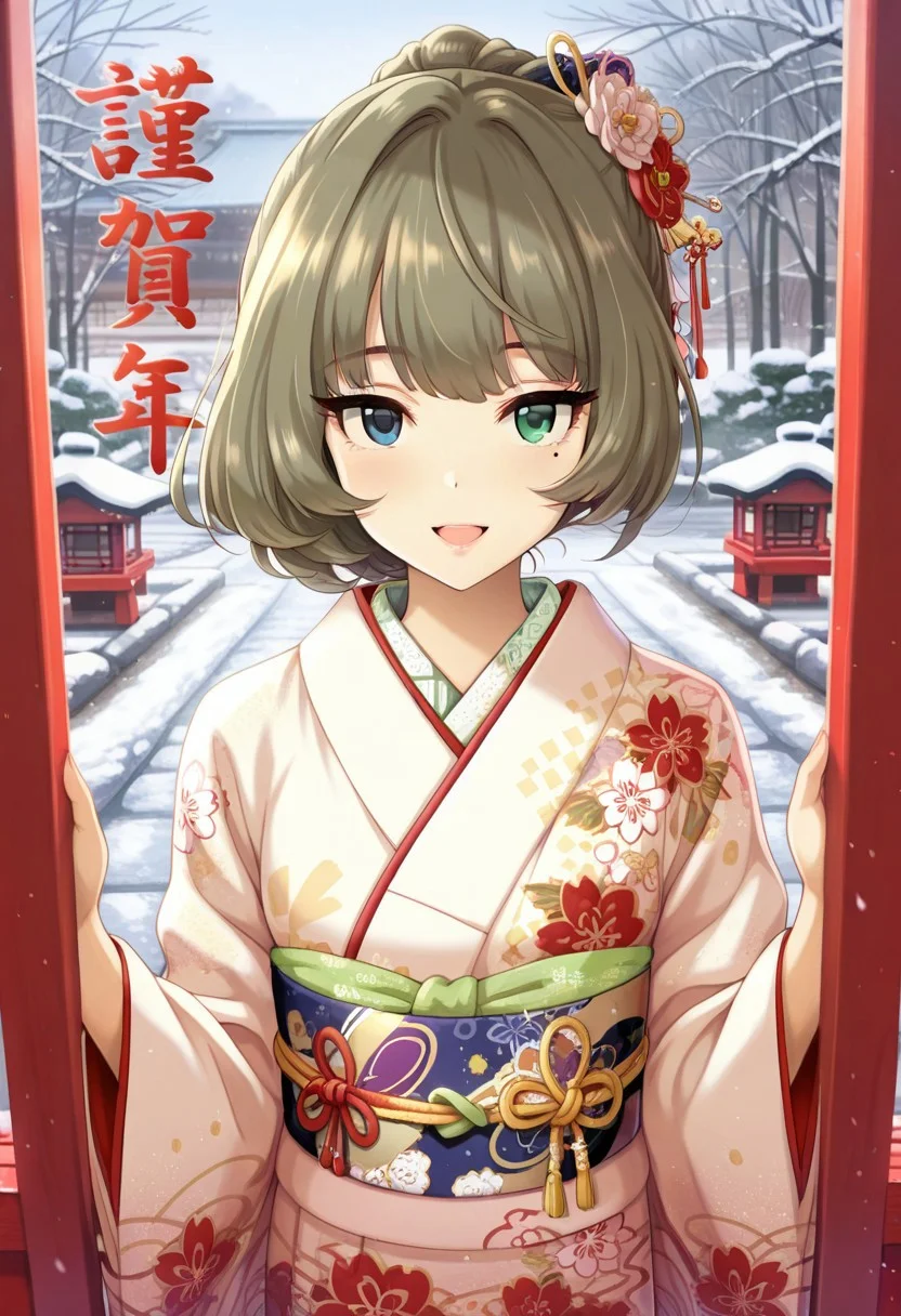 masterpiece,best quality,amazing quality, takagaki kaede, short hair, brown hair, mole under eye, green eyes, blue eyes, heterochromia, 1girl, japanese clothes, mole, kimono, smile, new year, ponytail, open mouth, hair ornament, looking at viewer