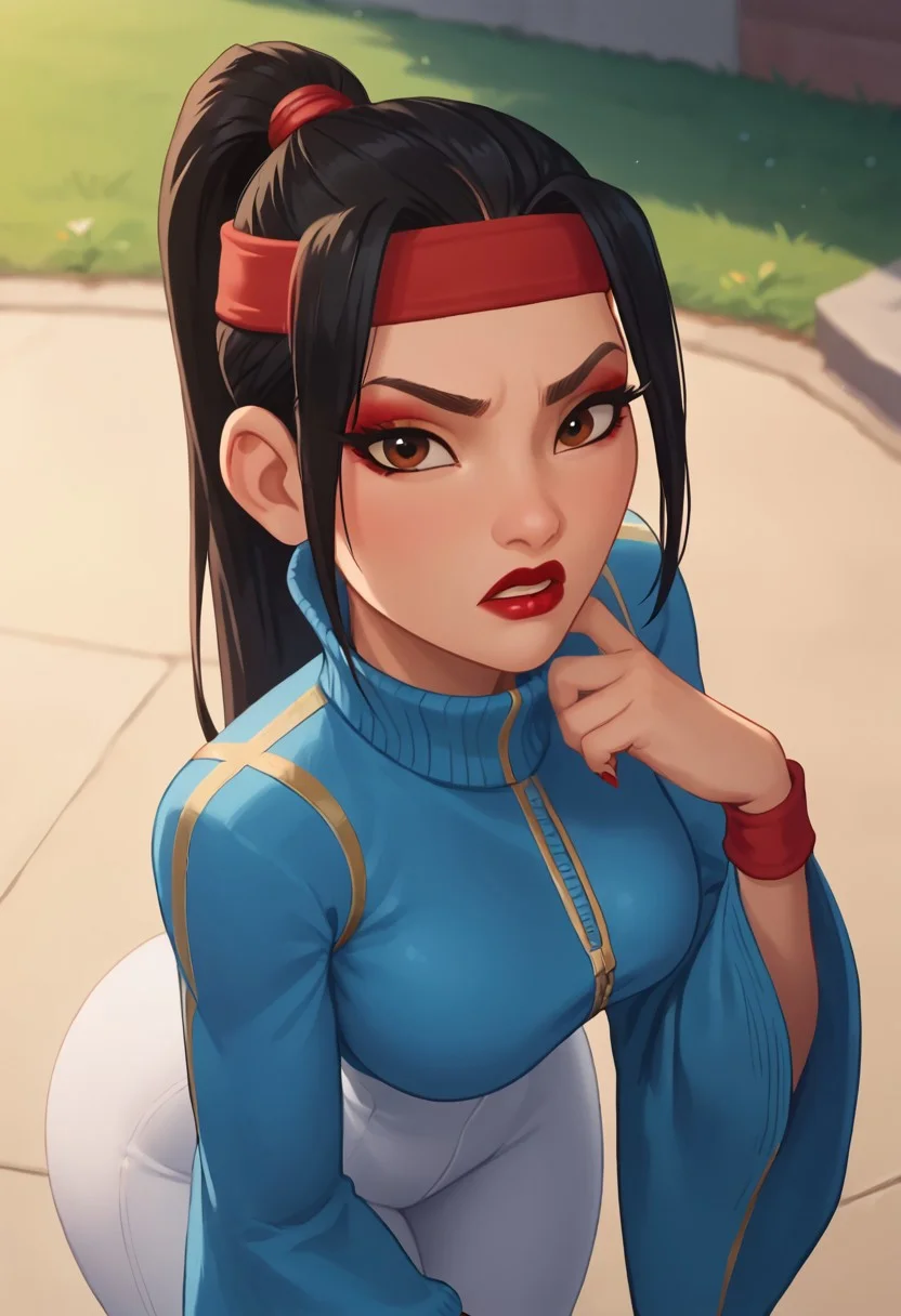 score_9, score_8_up, score_7_up, ultra quality, solo, 1girl, chang'e_tt, 1girl, asian, high ponytail (black hair, red headband), big eyelashes, brown eyes, makeup, red eyeshadow, red lipstick, red nails, red wristbands, blue track jacket (turtleneck, wide sleeves), light blue spandex, angry, pouting, big hips, big butt, bubble butt, breasts, narrow waist, curvy, score_9, score_8_up, score_7_up, score_6_up, looking at the viewer, standing, close up, view from above, face focus, screencap