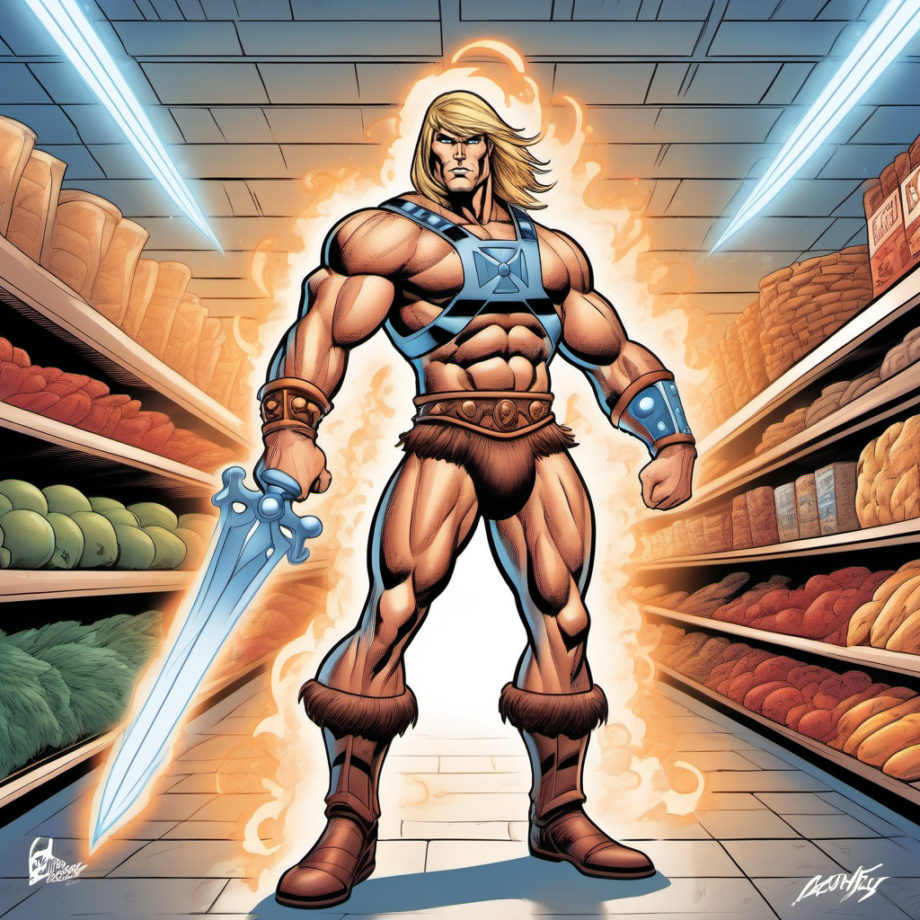 comic a muscular man, blond long hair, blue eyes, boots, manly, armor, energy sword, in a grocery store <lora:He-man1024:0.8> . graphic illustration, comic art, graphic novel art, vibrant, highly detailed