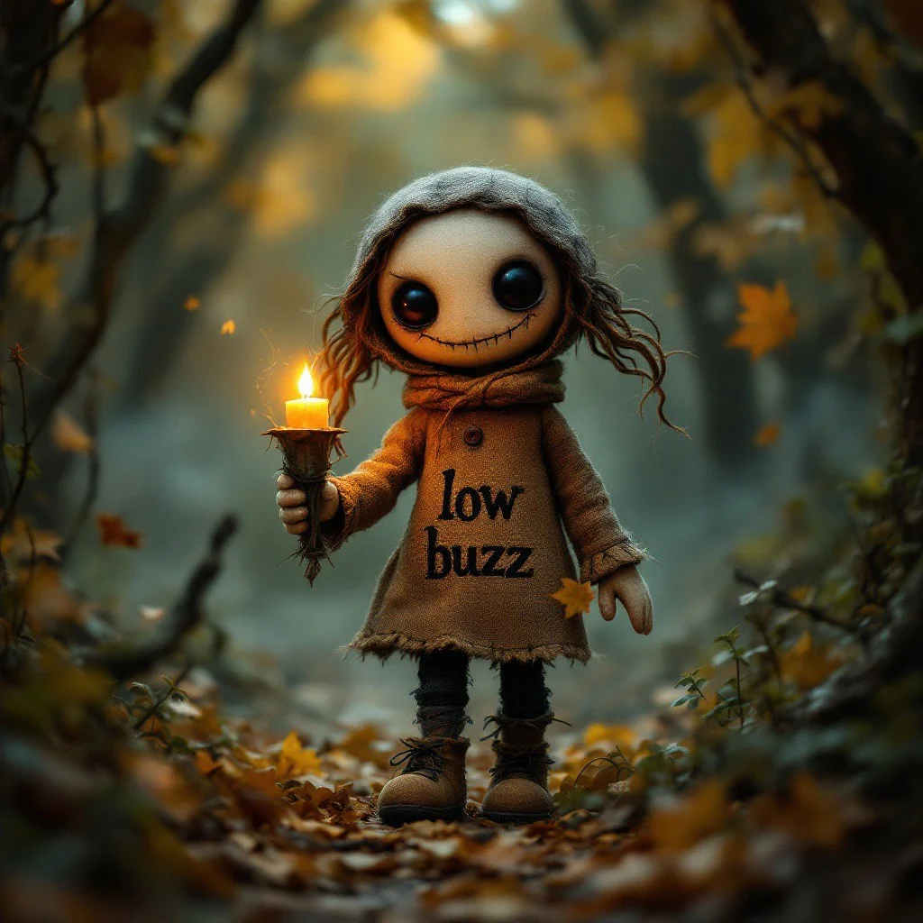 Against a mystical backdrop of swirling mist and autumn's descent into darkness, an Austrian Burlap Doll girl with large black button eyes and head crafted from jute material and a sinister grin emerges, her gaze illuminated only by the soft, flickering glow of a candle held delicately in her hand. As she walks through the eerie forest, leaves fall around her like golden confetti, carpeting the ground with a crunchy rustle. The atmosphere is both whimsical and unsettling, as if the very forest itself holds secrets and whispers tales to this enigmatic doll. Stitched into her outfit are the words "low buzz"