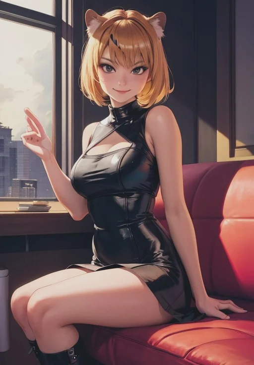 <lora:Jaguar:0.8>, Jaguar,1girl, solo, smirk, sitting,, (acclaimed, alluring, captivating, exciting, gorgeous, striking:1.3)