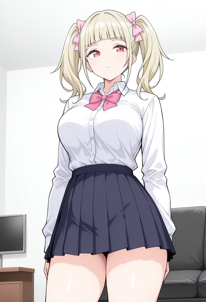 incredibly absurdres,masterpiece,absurdres,high quality,volumetric light,(very aesthetic),white background,1girl,kurumizakar,red eyes,blonde hair,long hair,twintails,bow,hair bow,pink bow,bangs,blunt bangs,school uniform,shirt,collared shirt,white shirt,skirt,pleated skirt,blazer,long sleeves,breasts,sexy thighs,upper body,volumetric light,standing,posing,friendly,indoors,living room,cowboy shot,dutch angle