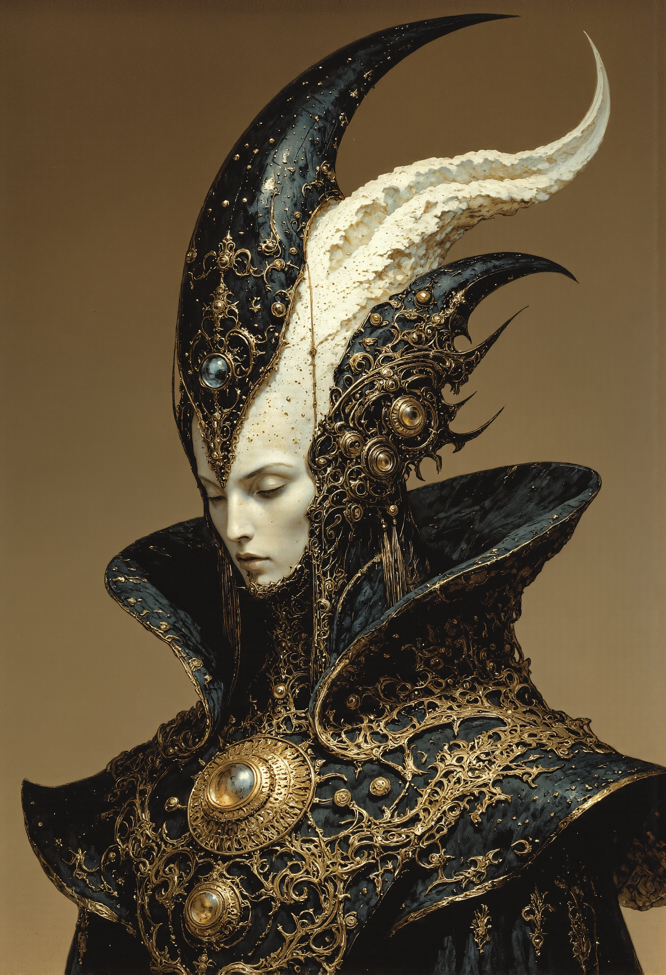 A regal, futuristic portrait of a serene female figure with a pale, porcelain-like face and delicate features, exuding an air of mystery and grace. Her head is adorned with an intricately designed, ornate headdress made of black and gold filigree, resembling a fusion of baroque artistry and advanced technology. The headdress curves elegantly around her head, with subtle details of cosmic symbols and golden patterns etched into its surface, glowing faintly as if imbued with mystical energy. Her downcast gaze and long, dark lashes lend a meditative and introspective aura to her demeanor, while a single golden ornament dangles delicately from her cheek, accentuating her otherworldly beauty.  Her clothing is equally detailed, featuring a high-collared black garment with textures resembling a mix of leather and fine silk, embellished with golden embroidery that flows organically like veins of liquid gold. A prominent, glowing pendant rests at her chest, encased in a complex, mechanical design that hints at a balance between ancient elegance and futuristic functionality. The background is minimalist, a soft gradient of warm beige tones that draws all focus to her striking presence. The composition captures a perfect blend of high fashion, timeless elegance, and advanced sci-fi aesthetics. <lora:frazetta_flux_v2-000150.safetensors:0.4>,  <lora:Flux_-_Renaissance_art_style.safetensors:0.4>,  <lora:flux.1_lora_flyway_Epic-Characters_v1.safetensors:0.3>,  <lora:flux.1_lora_flyway_Epic-detail_v2.safetensors:0.6>,  <lora:Warhammer_Rogue_Trader_Style_flux-000021.safetensors:0.3>,  <lora:Elden_Ring_-_Yoshitaka_Amano.safetensors:1.0>,  <lora:Movie_Portrait.safetensors:0.5>, <lora:- Flux1 - soothing_atmo_V2.0.safetensors:0.2>,  <lora:lith_mimosa_kiel_grw134_FLUX.safetensors:0.4>,