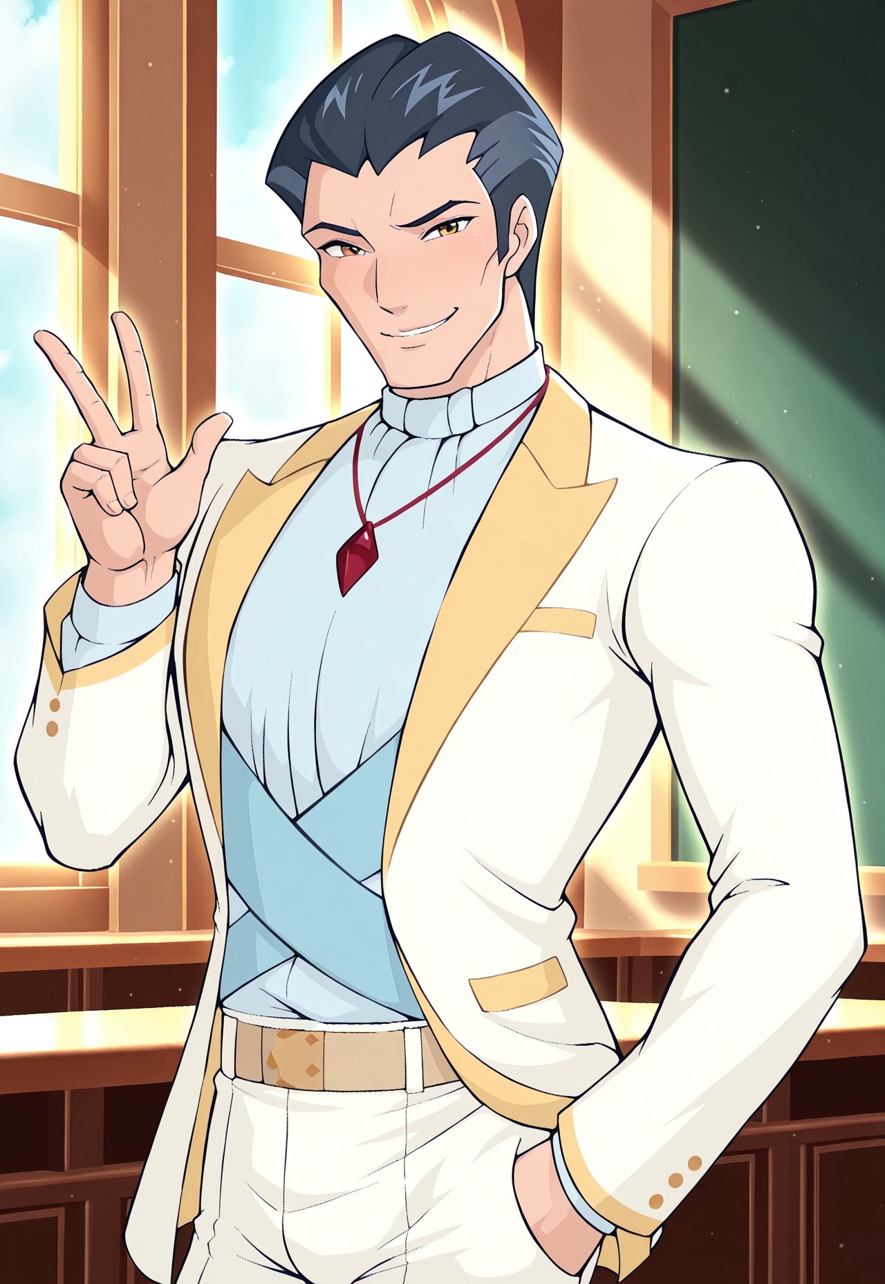 solo, masterpiece, modern, new, 1boy, male, masculine face, daddy looking face, w0lfc0nf

WinxAvalon, black hair, jacket, , looking at viewer, smiling, white pants, long sleeves, magical classroom
