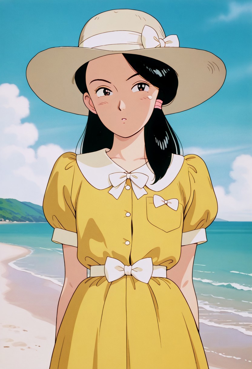 masterpiece,best quality,amazing quality,solo, woman, nice eyes, masterpiece,best quality,amazing quality, SayHonami , yellow dress, Hat , white bow shirt, retro artstyle, in beach