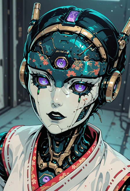 <lora:ck-nc-cyberpunk-IL-000011:0.35>,  masterpiece, best quality, good quality, very aesthetic, absurdres, newest, 8K, depth of field, focused subject, dynamic angle, (geisha::0.9) (android robot face::2.2),white ceramic material,many mechanical details,seams, scuffing, rust,(lenses instead of pupils:1.5) (traditional intricate japan clothes:1.5),
in the style of cknc, in the style of ck-rw
<lora:MoriiMee_Gothic_Niji_Style_Illustrious_r1:0.5>
<lora:ck-neon-retrowave-IL:0.55>
<lora:ck-shadow-circuit-IL:0.65>