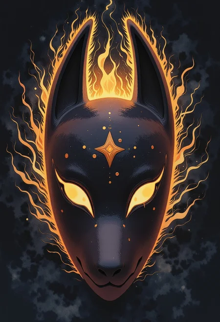 Studio Ghibli Dark Fairytale  detailed painting depicting a haunted kitsune mask radiating an eerie aura