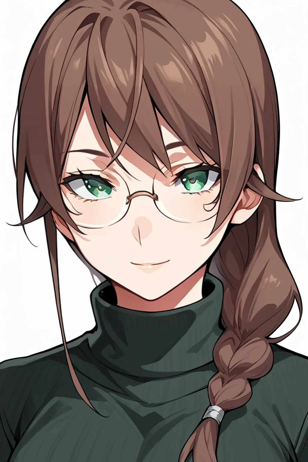 score_9,score_8_up, score_7_up, source_anime
simple background, white background, facing viewer
1girl, solo, portrait, looking at viewer
brown hair, long hair, bangs, single braid, glasses, green eyes, smile
black sweater, turtleneck, large breasts
<lora:Saeki_Shun_Tosh_Style:0.9>manga_style, <lora:Expressive_H:0.8>expressiveh