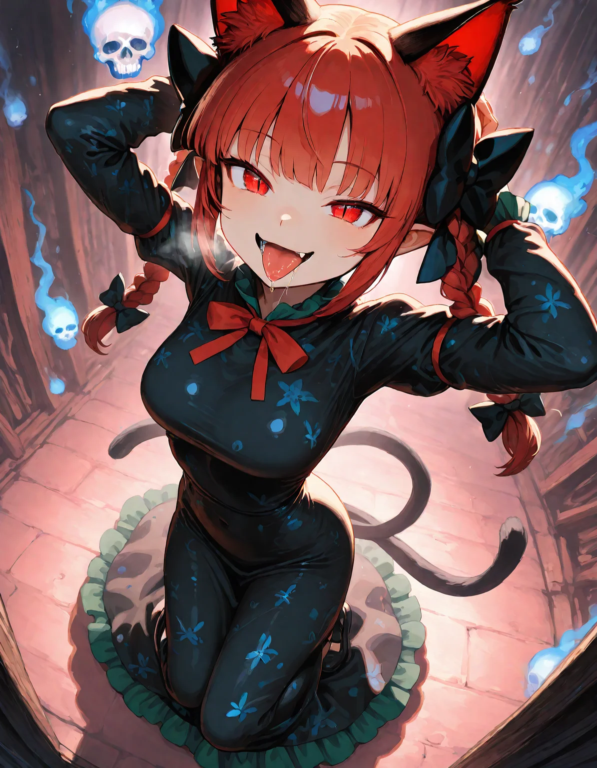 munakata_(sekimizu_kazuki), hamada_yoshikazu,negative space, cinematic shot, masterpiece, highres, absurdres, newest, wide shot, ,slimes_skullwm,made of skulls,kaenbyou_rin, touhou, 1girl, pink_hair, red_eyes, solo,animal_ears ,black_bow, black_dress , braid,breasts, cat_ears , dress,extra_ears, fang ,frilled_dress ,frills, hair_bow ,large_breasts ,long_eyelashes ,long_sleeves ,looking_at_viewer ,multiple_hair_bows, pointy_ears ,red_bow , red_hair, slit_pupils, smil,tight_clothes ,tight_dress, twin_braids ,fang, crazy_eyes ,seductive smile, steaming body, in heat, sweaty, arms up, squatting, tongue, tongue_out , saliva,saliva_trail ,saliva_drip ,open mouth, from above,
<lora:SlimesSkullWM:1> <lora:ponyv5_noobE11_1_adamW:0.7> <lora:illustrious_noobai_epsilon_pred_11_very_aesthetic_v1:0.7> , <lora:kaenbyou_rin_image6792_2023-12-20:0.6>