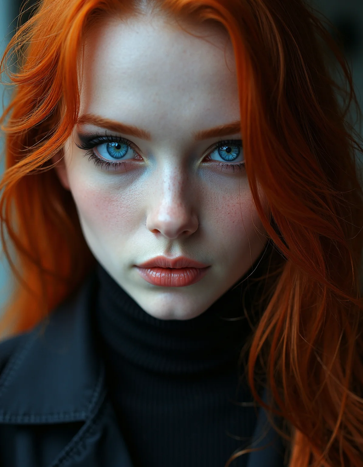 tilt-shift photo of (dark mood masterpiece Photography:1.2), portrait of a mysterious woman with blue eyes and bold eyeliner looking seductively, smirking, naughty expression, long wavy red hair. The extreme realism focuses on her detailed skin, showing fine textures and natural highlights. photography masterpiece, modern, irresistible beauty, fuzzy lighting, dark mood, unusual composition, use of negative space, (rule of thirds composition), simmetry , mysteriouse, emotional, flirting, (fine erotic content:0.65), groundbreaking unrivaled opus with unrivaled details, (Robin Egg Blue color scheme), highly detailed, melancholic, low-light hyper detailed photography, catchlights, from below, street level shot,front view,style by ryohei hase,canon 5d mark 4,Surrealist Photography,overcast lighting . selective focus, miniature effect, blurred background, highly detailed, vibrant, perspective control
