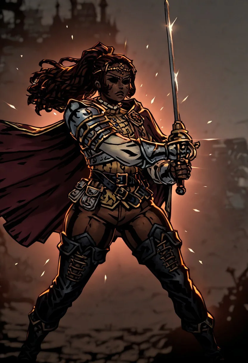 masterpiece, best quality, newest, absurdres, highres,
black eyes, shaded eyes, DD2Style-IL.V1.0,
DDstyle, official style,
1girl, DDDuelist-V1.1, dark skin, dark-skinned female, armor, circlet, cape, belt, dredlocks, brown hair, gauntlets, belt, pants, leather pants,
holding, holding weapon, holding sword, sword, dynamic pose, fighting stance,